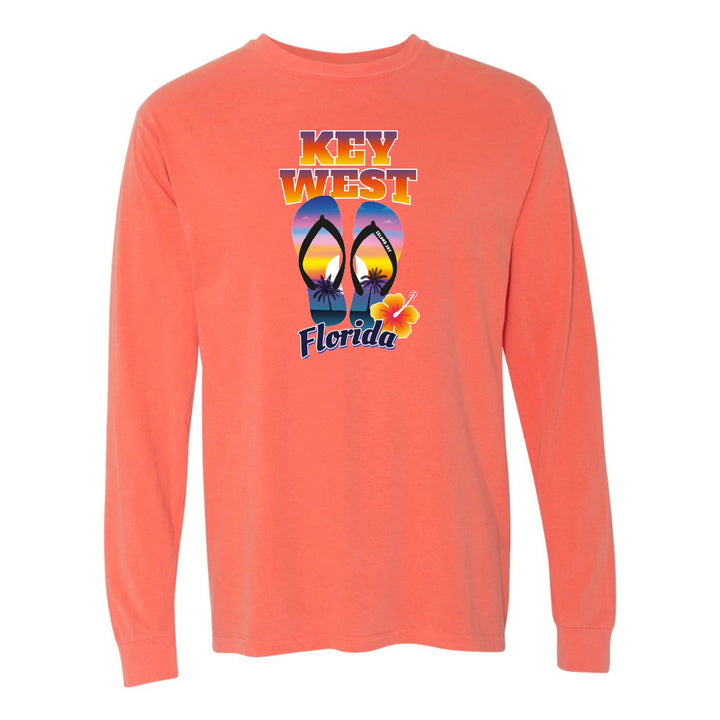 Coral long-sleeve shirt with 'Key West, Florida' design on a white background