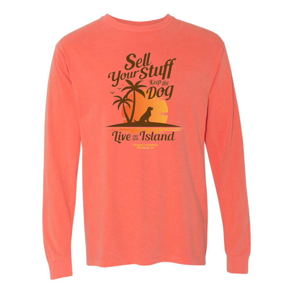 Coral long-sleeve shirt with a graphic and text on a white background