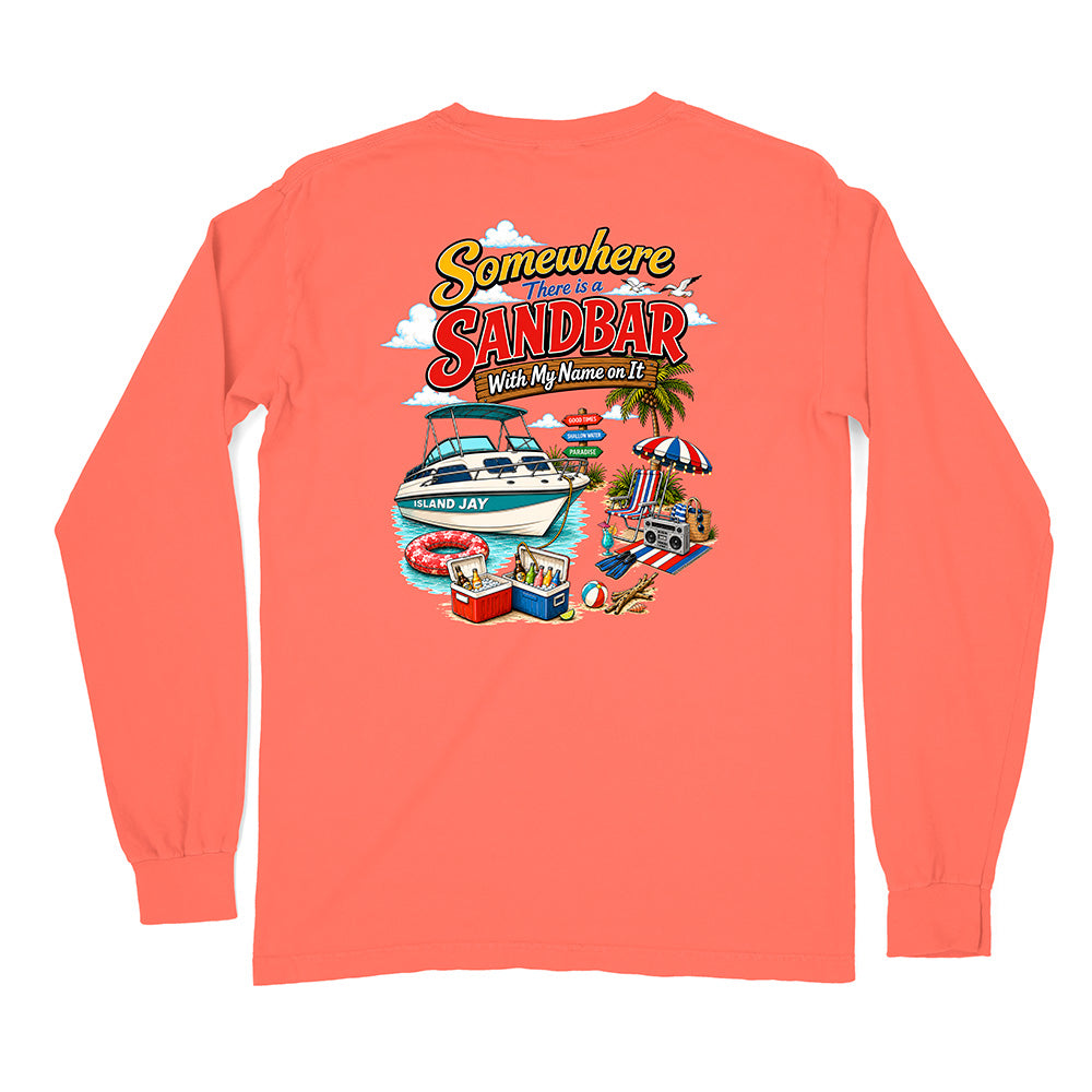 A coral orange long-sleeve t-shirt with a colorful graphic print on the back featuring a boat, beach umbrella, and the text 'Somewhere Beautifully Sandbar With My Name on It'.