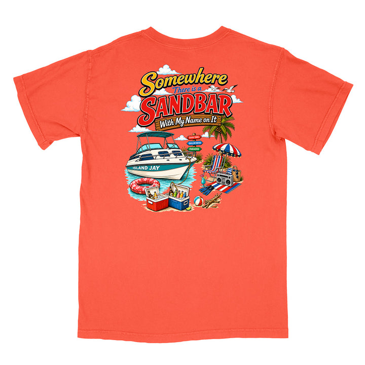 A coral orange short-sleeve t-shirt shown from the back, featuring a colorful graphic print with the text 'Somewhere There Is a Sandbar With My Name on It' and a beach boat scene.