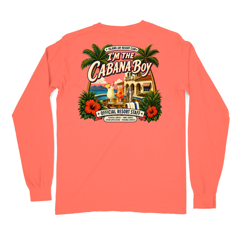 A coral pink long-sleeve t-shirt with a large, colorful graphic on the back. The graphic features palm trees, red hibiscus flowers, a resort building, and cocktails, with text reading 'I'M THE CABANA BOY' and 'OFFICIAL RESORT STAFF'.