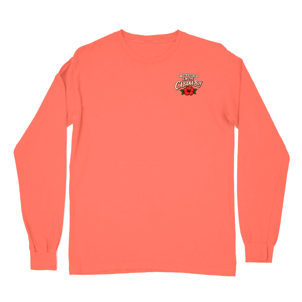 A peach-colored long-sleeve t-shirt with a small multicolor graphic on the left chest, displayed flat against a solid white background.