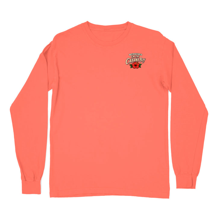 A peach-colored long-sleeve t-shirt with a small multicolor graphic on the left chest, displayed flat against a solid white background.