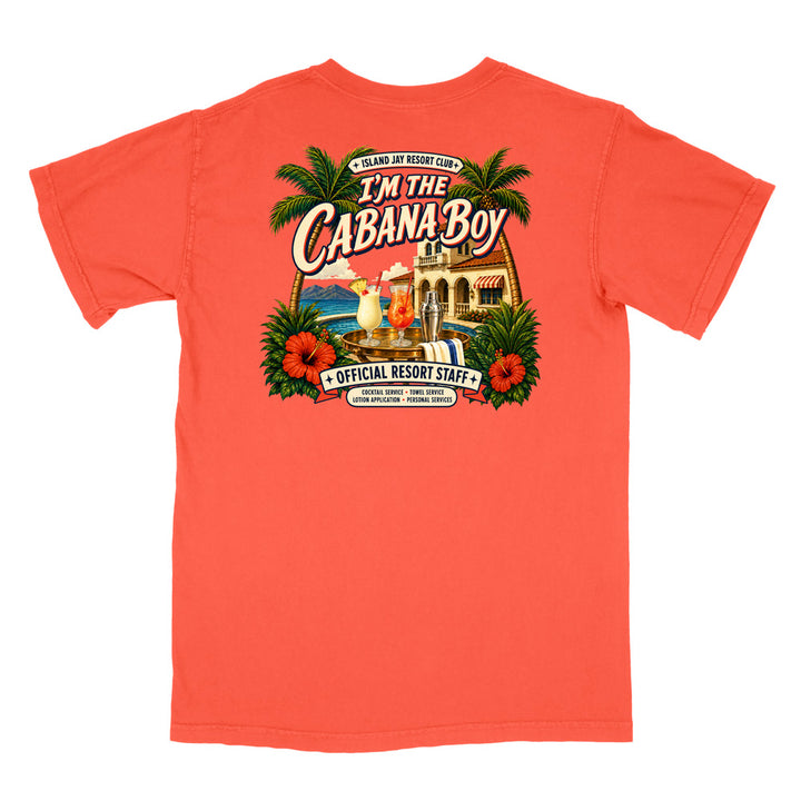 A coral orange crewneck t-shirt shown from the back, featuring a large, colorful graphic print with palm trees, hibiscus flowers, a beach bar scene, and the text 'I'm The Cabana Boy' and 'Official Resort Staff'.