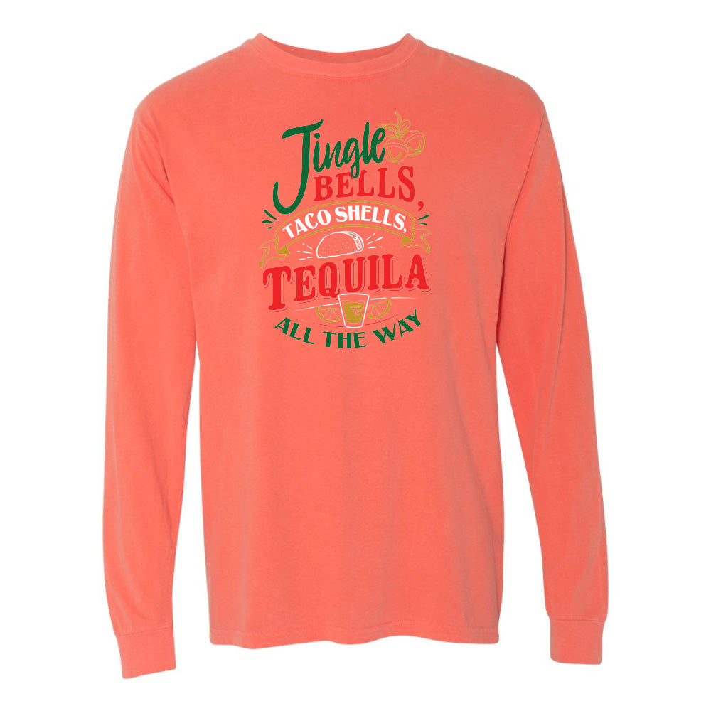 Coral long-sleeve shirt with humorous text design on a white background