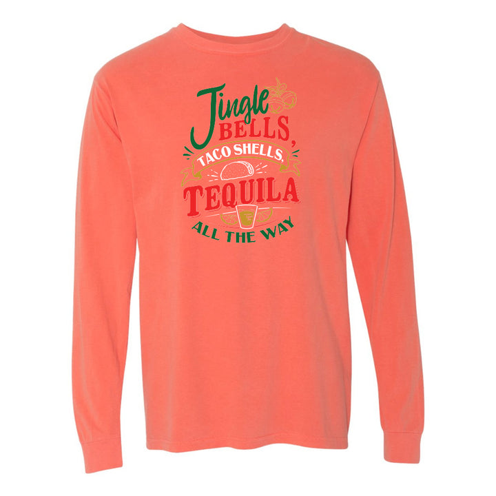 Coral long-sleeve shirt with humorous text design on a white background