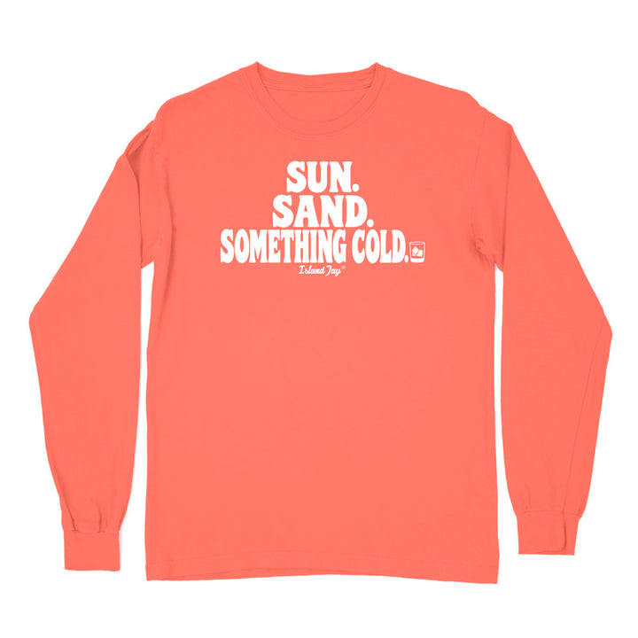 A bright salmon long-sleeve t-shirt with a white graphic text print on the chest reading 'SUN. SAND. Something cold