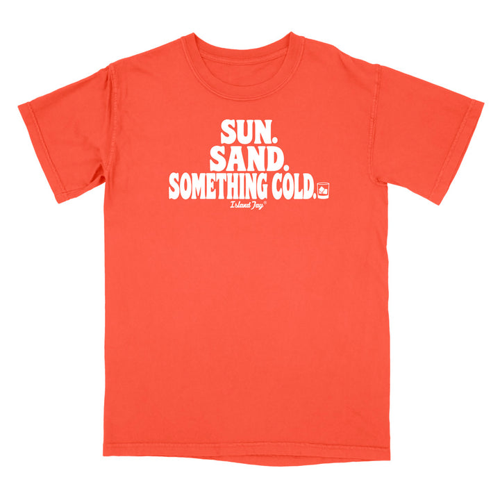 A bright salmon short-sleeve t-shirt with a white graphic print on the chest reading 'SUN. SAND. Something Cold