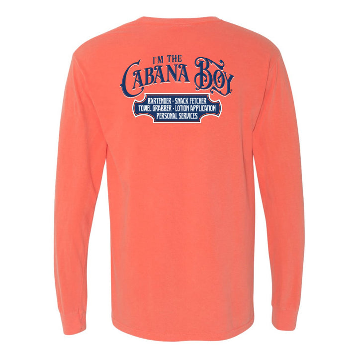 Coral long-sleeve shirt with 'I'm the Cabana Boy' text on the back against a white background