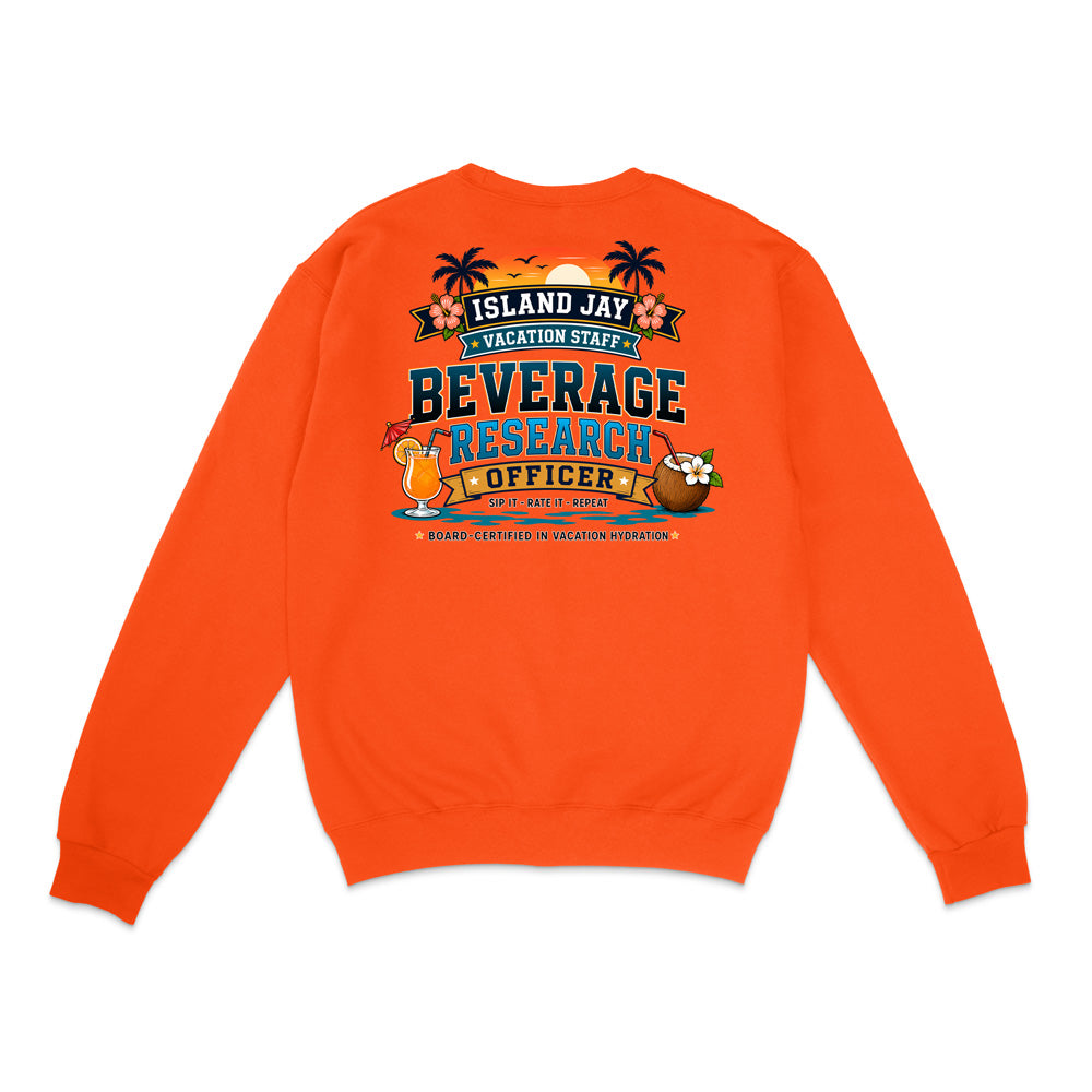 An orange crewneck sweatshirt shown from the back, featuring a colorful graphic print with the text 'ISLAND JAY BEVERAGE RESEARCH OFFICER' and tropical illustrations including palm trees, a cocktail, and a flower.