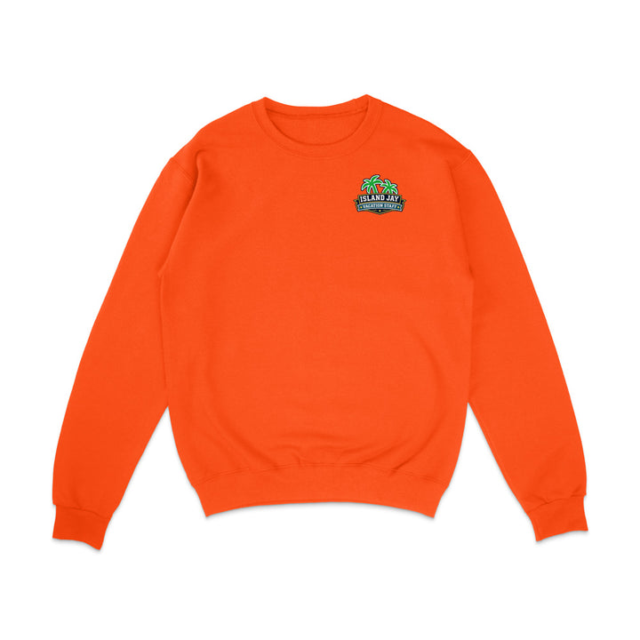 A bright orange crewneck sweatshirt with a small graphic on the left chest featuring a green and blue design that reads '2024 LAKE ESTATES CHAMPIONS'.
