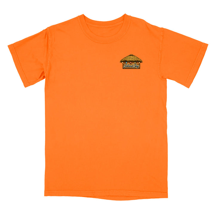 An orange short-sleeve crewneck t-shirt with a small graphic logo on the left chest, displayed flat against a plain white background.