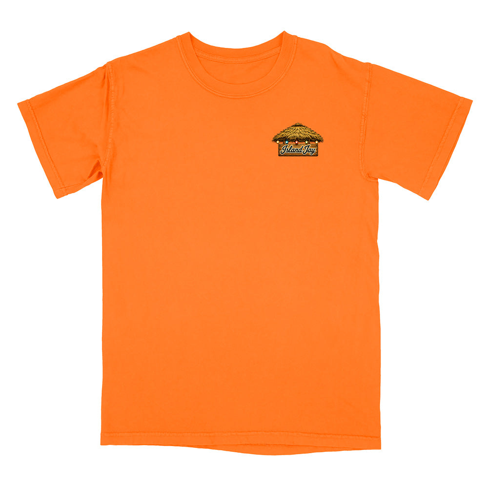 An orange short-sleeve crewneck t-shirt with a small graphic logo on the left chest, displayed flat against a plain white background.