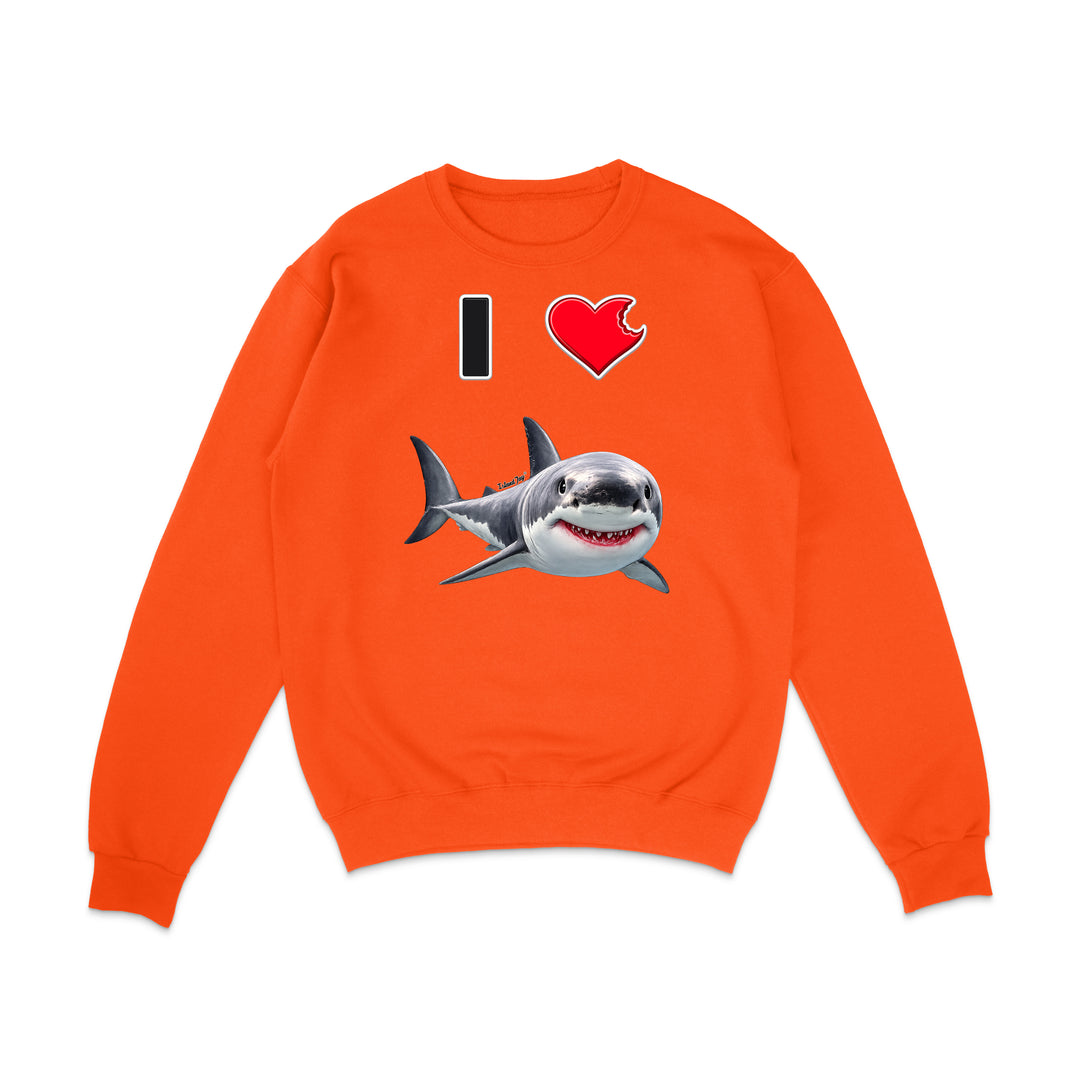 An orange crewneck sweatshirt featuring a graphic print of a shark and the text 'I' and a heart on the chest, displayed on a clean white background.