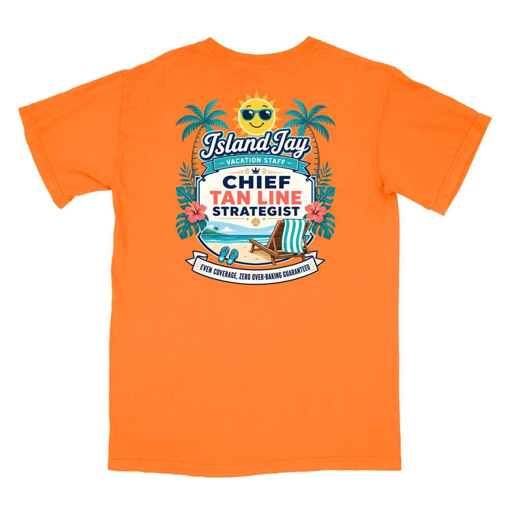 An orange short-sleeve t-shirt shown flat against a white background, featuring a colorful graphic print on the front with a smiling sun, palm trees, beach chair, and text reading 'Island Jay Vacation Staff Chief Tan Line Strategist'.