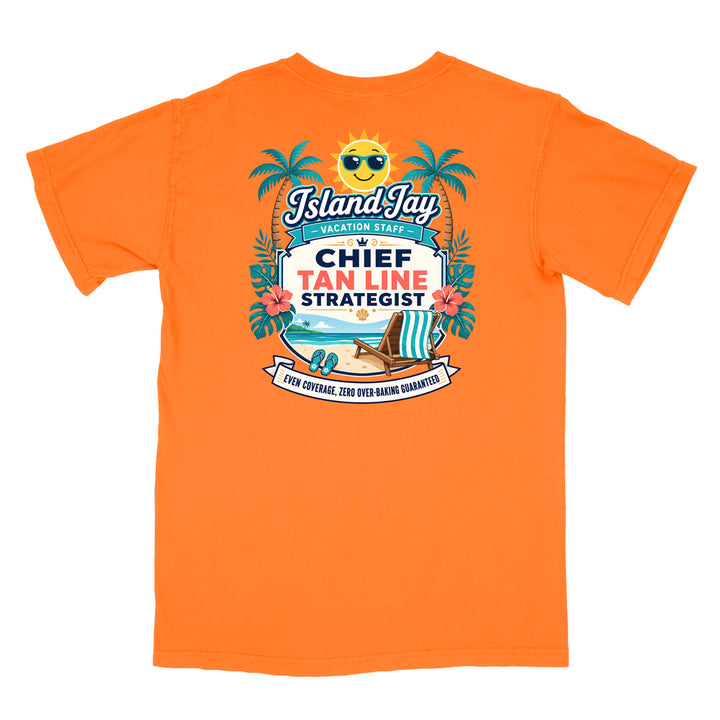 An orange short-sleeve t-shirt shown flat against a white background, featuring a colorful graphic print on the front with a smiling sun, palm trees, beach chair, and text reading 'Island Jay Vacation Staff Chief Tan Line Strategist'.
