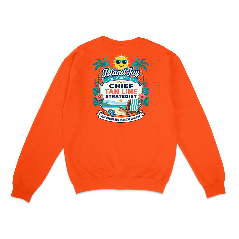 An orange crewneck sweatshirt shown from the back, featuring a colorful graphic print with palm trees, a sun, a beach chair, and the text 'IslandTau Chief Tan Line Strategist'.