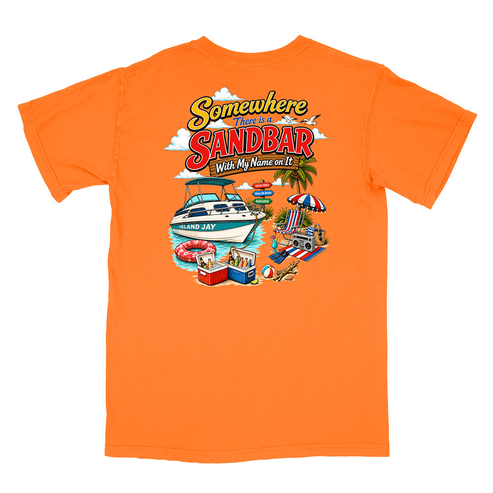 An orange short-sleeve t-shirt with a colorful graphic print on the front featuring a boat, beach umbrella, and the text 'Somewhere There Is A SANDBAR With My Name on It'.
