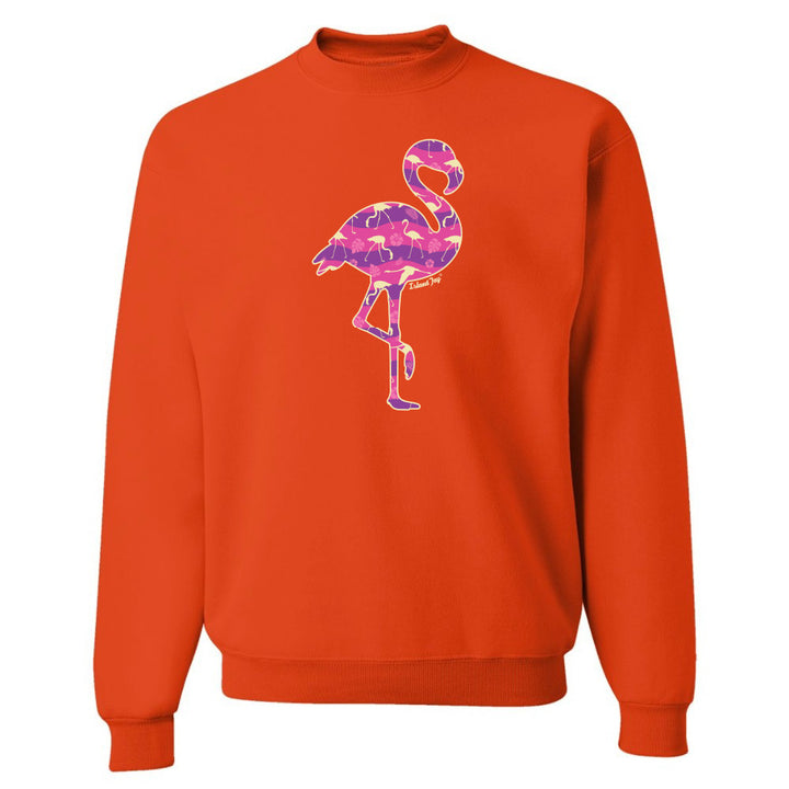 Orange sweatshirt with a colorful flamingo design on a white background