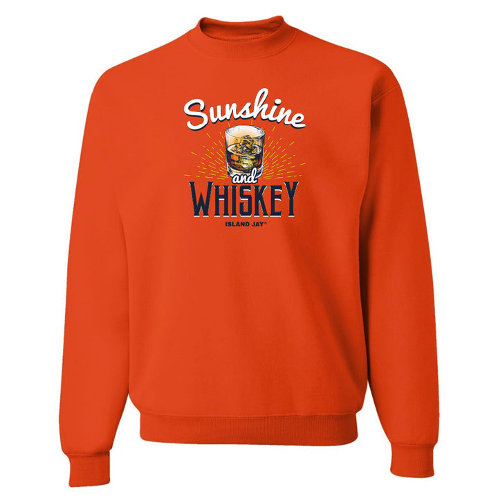 Orange sweatshirt with 'Sunshine and Whiskey' text and graphic on a white background