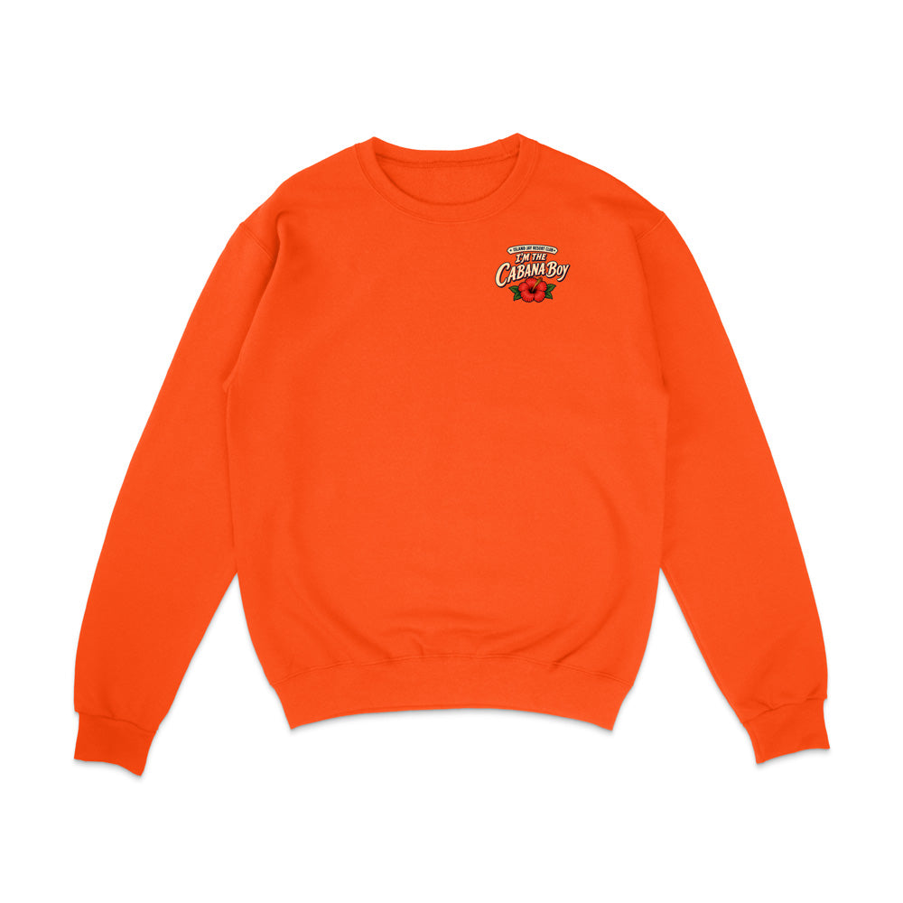 A bright orange crewneck sweatshirt with a small graphic on the left chest reading 'Former Champions' with a soccer ball, shown on a plain white background.