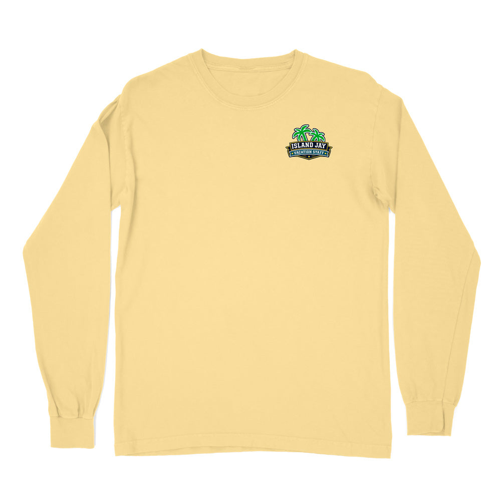 A pale yellow long-sleeve crewneck t-shirt with a small green and blue 'Islands Jet' graphic printed on the left chest, displayed on a solid white background.