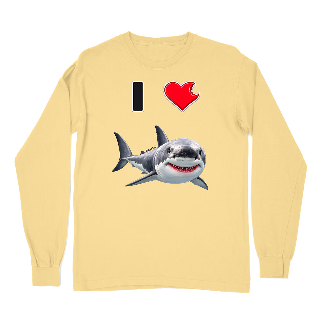 A yellow long sleeve shirt with the phrase "I love shark" written with a heart icon graphic for the "love" and a cute shark graphic for the "Shark".