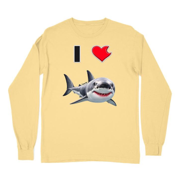 A yellow long sleeve shirt with the phrase "I love shark" written with a heart icon graphic for the "love" and a cute shark graphic for the "Shark".