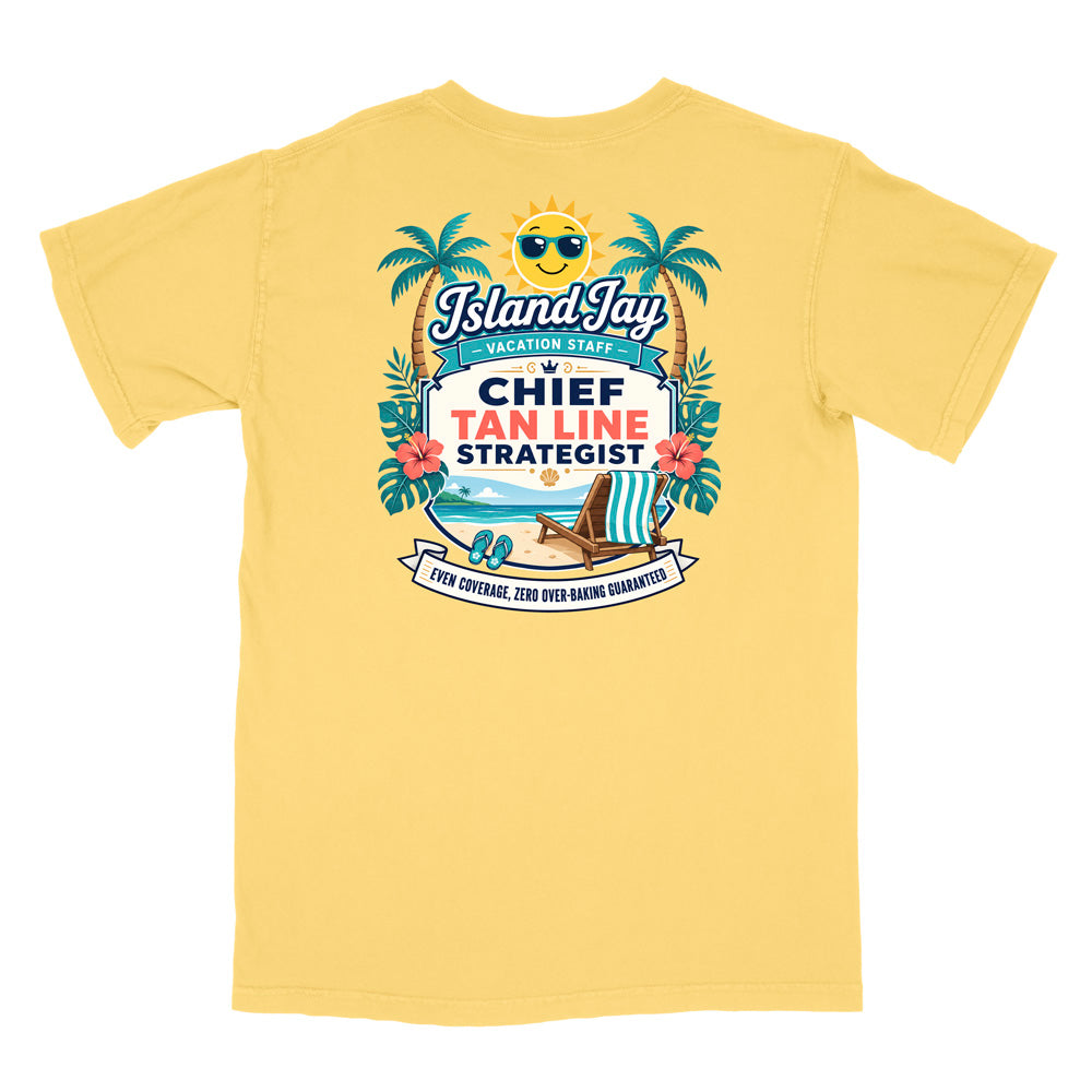 A yellow short-sleeve t-shirt with a colorful graphic print on the front. The graphic features a smiling sun wearing sunglasses, palm trees, a beach scene, and text that reads 'Island Jay Vacation Staff by CHIEF TAN LINE STRATEGIST'.