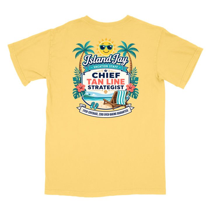 A yellow short-sleeve t-shirt with a colorful graphic print on the front. The graphic features a smiling sun wearing sunglasses, palm trees, a beach scene, and text that reads 'Island Jay Vacation Staff by CHIEF TAN LINE STRATEGIST'.