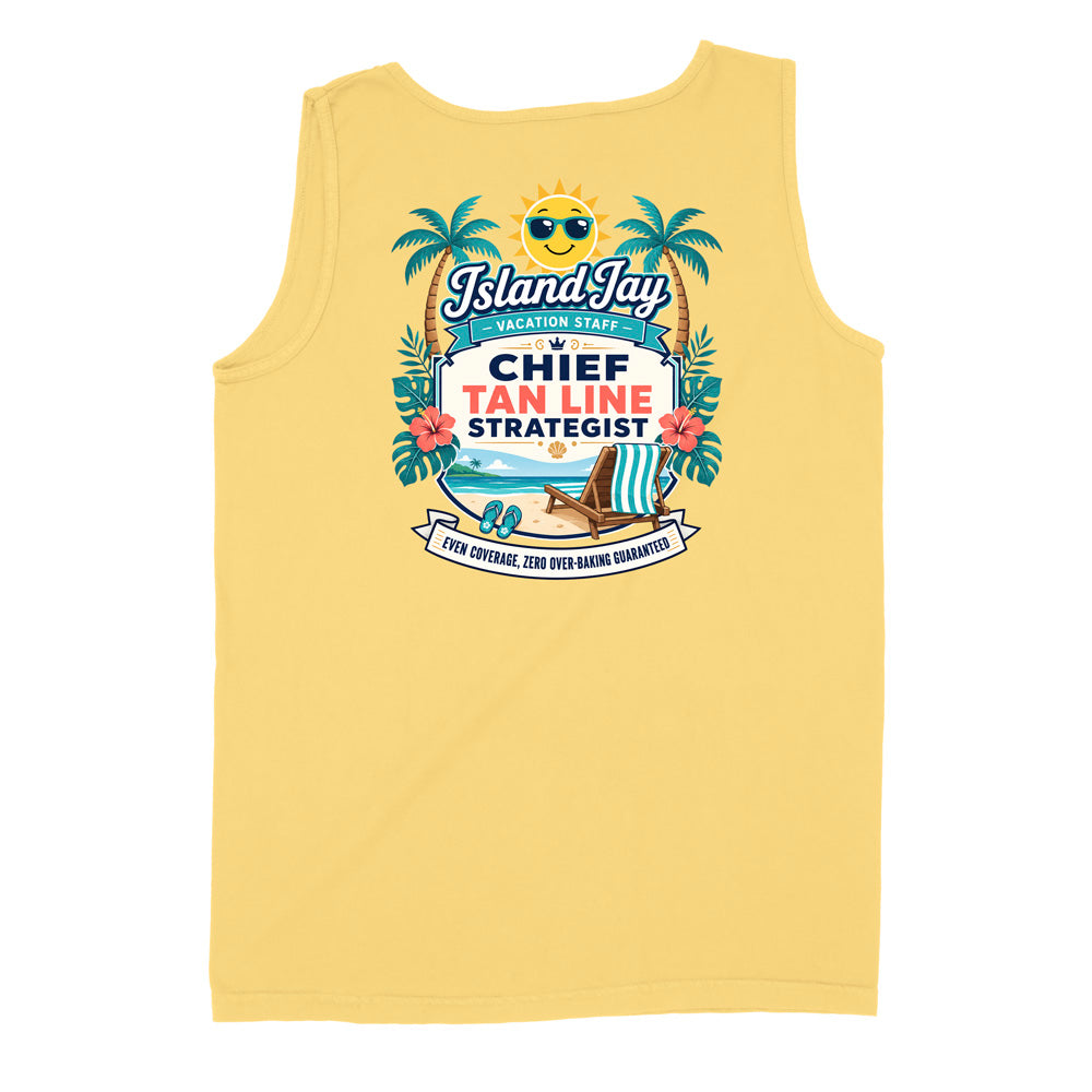 A yellow sleeveless tank top shown flat against a white background, featuring a colorful graphic print on the front with palm trees, a sun, beach elements, and the text 'Island Jay' and 'CHIEF TAN LINE STRATEGIST'.