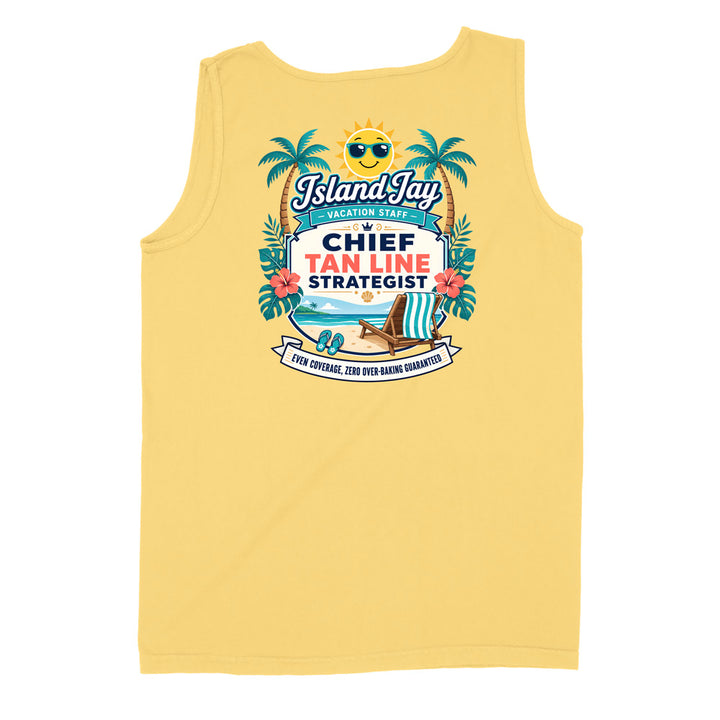 A yellow sleeveless tank top shown flat against a white background, featuring a colorful graphic print on the front with palm trees, a sun, beach elements, and the text 'Island Jay' and 'CHIEF TAN LINE STRATEGIST'.