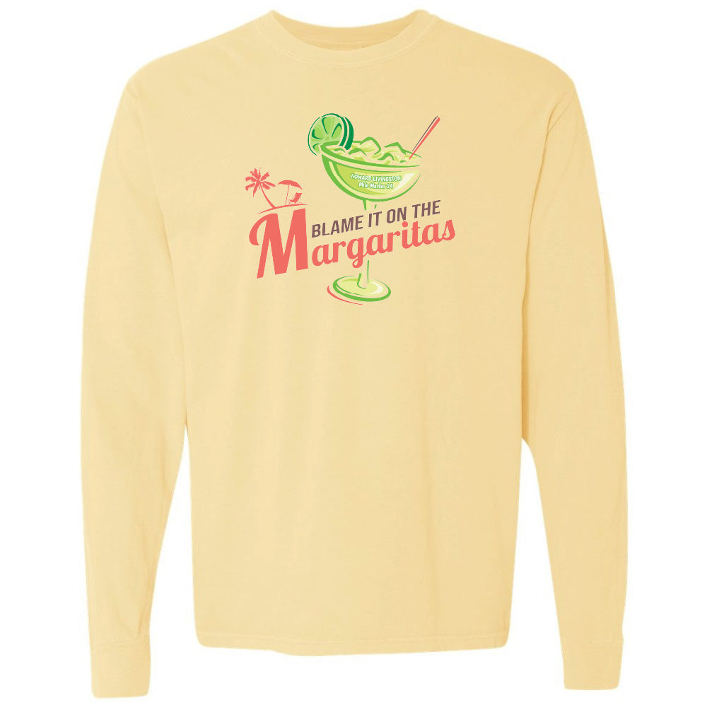 Yellow long-sleeve shirt with a margarita graphic and text on a white background