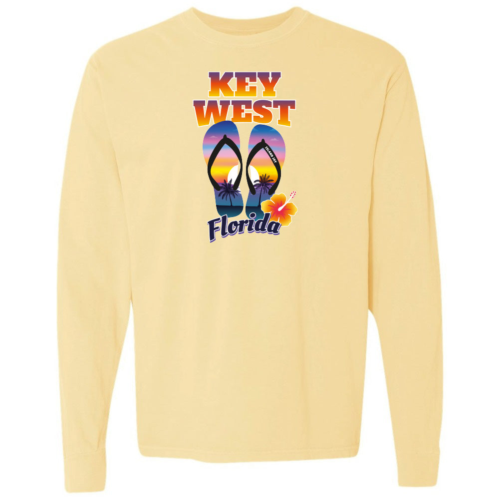 Yellow long-sleeve shirt with 'Key West Florida' design featuring flip-flops and a sun.