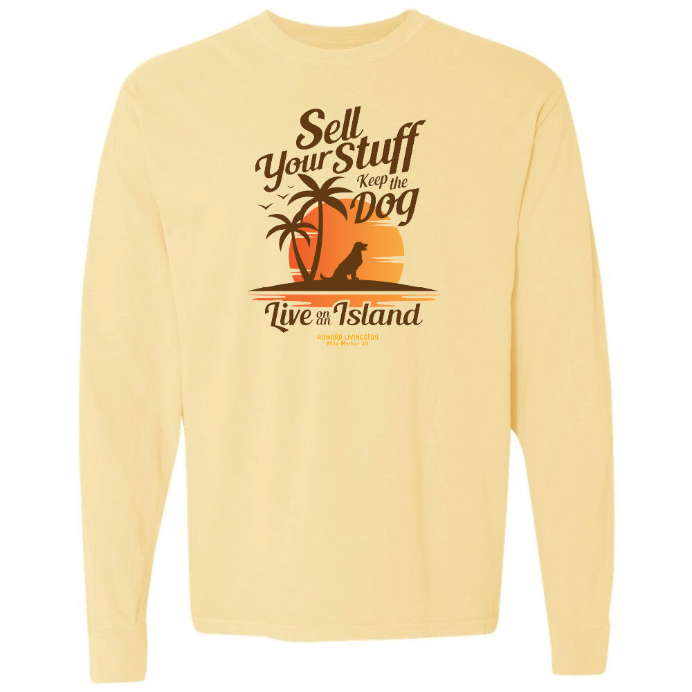 Yellow long-sleeve shirt with a graphic design and text on a white background