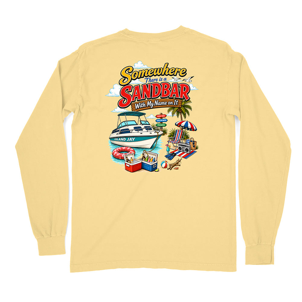 A pale yellow long-sleeve t-shirt shown from the back, featuring a colorful graphic print of a speedboat, beach umbrella, and the text 'Somewhere From the SANDBAR With My Nerve on Us'.