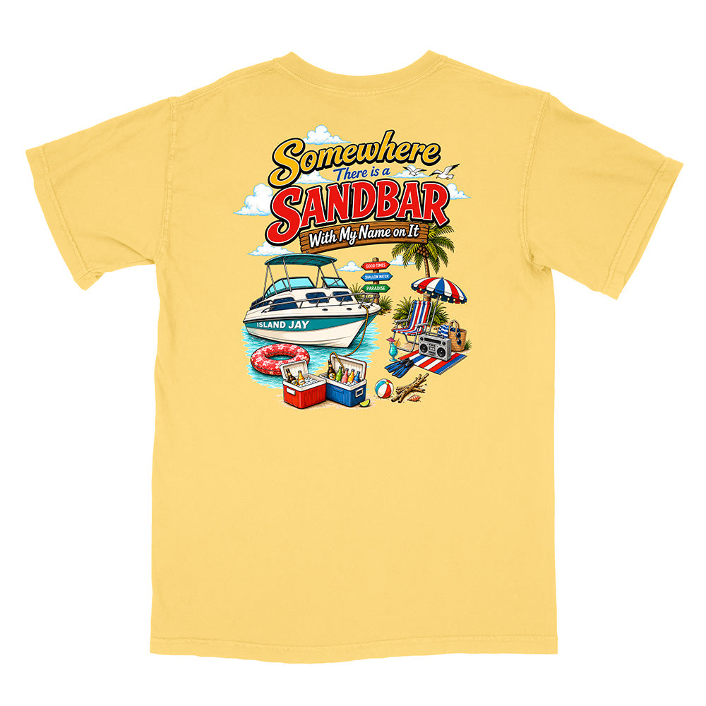 A yellow short-sleeve t-shirt with a colorful graphic print on the back. The graphic features the text 'Somewhere There is a SANDBAR With My Name on It' above an illustration of a speedboat, beach umbrella, towels, and pool toys.
