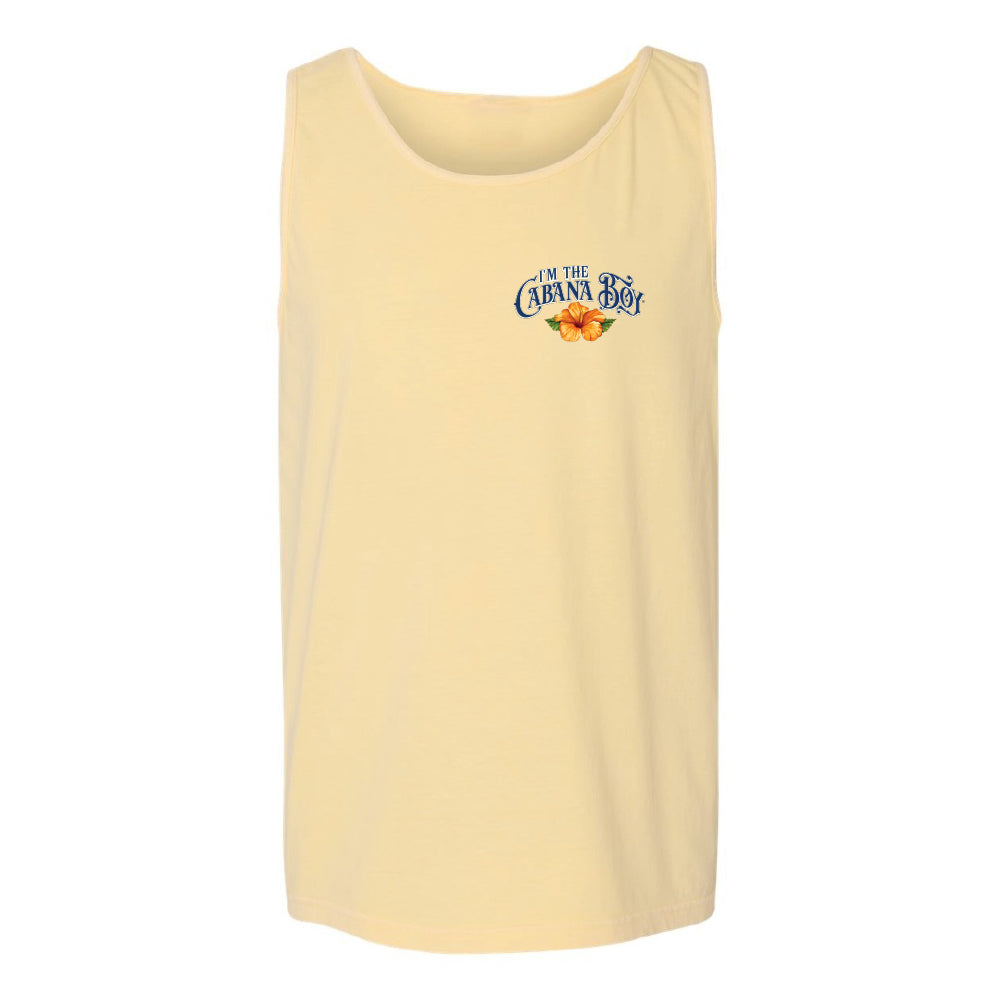 A pale yellow sleeveless tank top with a small blue and orange graphic on the left chest reading 'In The Caravan Boys' on a plain white background.