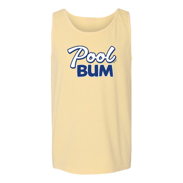 Yellow tank top with 'Pool Bum' text on a white background
