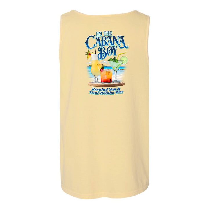 A sleeveless tank top in a pale cream or light beige color, featuring a colorful graphic print on the front with the text 'I'M THE CABANA BOY' and 'Keeping You & Your Drinks Wet' along with cocktail illustrations.