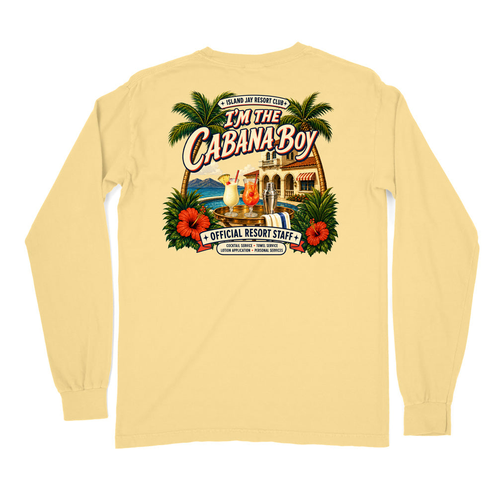 A pale yellow long-sleeve t-shirt shown from the back, featuring a large, colorful graphic print with palm trees, hibiscus flowers, a cocktail, and resort-themed text reading 'I'm The Cabana Boy' and 'Official Resort Staff'.