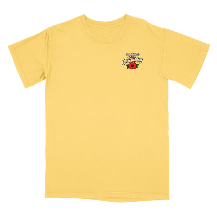 A yellow short-sleeve crewneck t-shirt with a small graphic on the left chest featuring the words 'Best Champion' and a red rose, displayed on a solid white background.