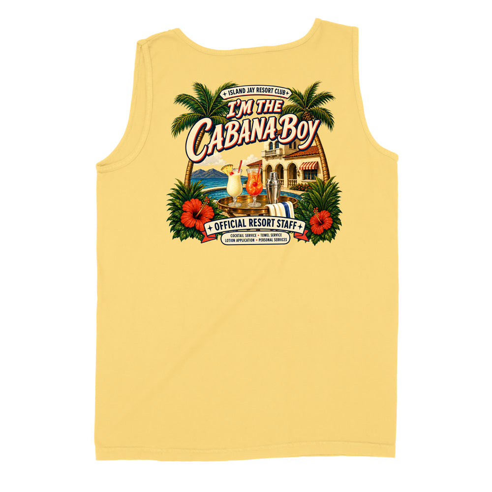 A pale yellow sleeveless tank top shown flat against a white background, featuring a large retro-style tropical resort graphic on the front with palm trees, hibiscus flowers, cocktails, a building, and the text 'I'm The Cabana Boy' and 'Island Inn Resort Staff'.
