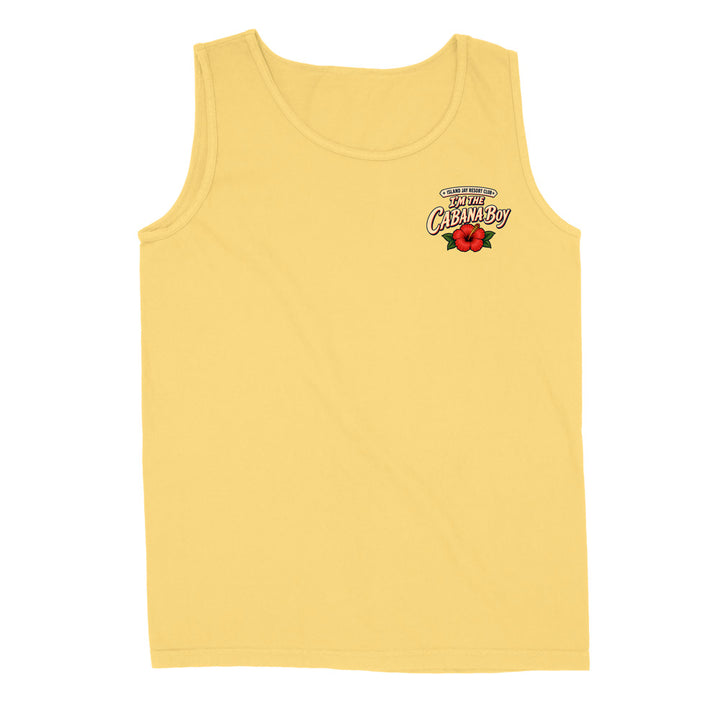 A pale yellow sleeveless tank top with a small graphic on the left chest featuring a red strawberry and the text 'The Best Strawberry' in stylized lettering, shown on a plain white background.