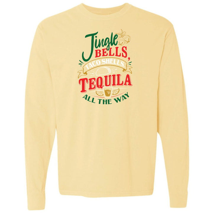 Yellow long-sleeve shirt with festive text design on a white background