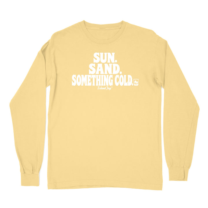 A butter long-sleeve t-shirt with a white graphic text print on the chest reading 'SUN. SAND. Something cold