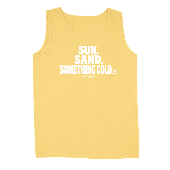 A pale yellow sleeveless tank top with a white graphic text print reading 'SUN. SAND. Something cold