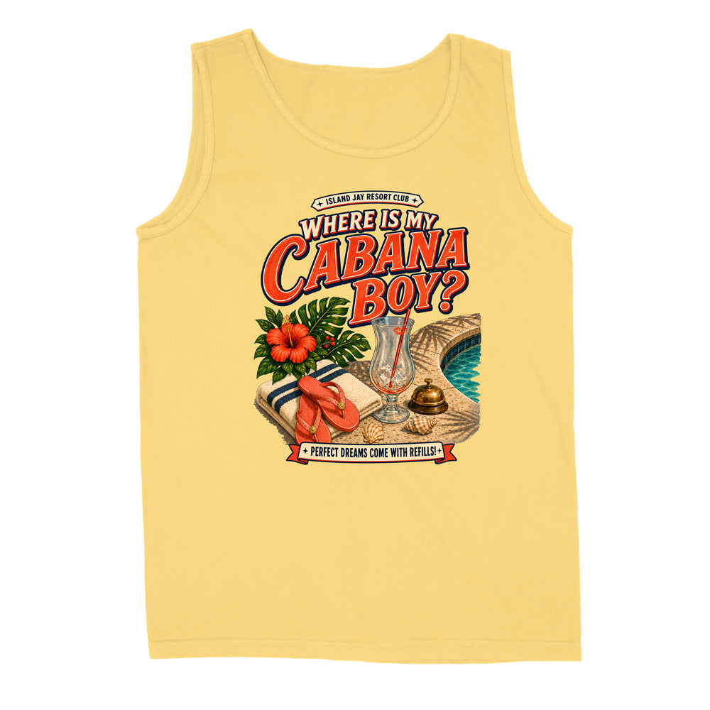 A pale yellow sleeveless tank top with a colorful retro graphic on the chest that reads 'Where is my Cabana Boy?' with tropical poolside imagery including hibiscus flowers, a drink, flip-flops, and a beach towel.