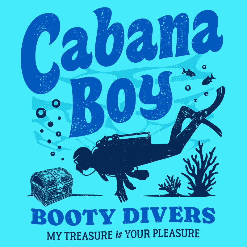 Cabana Boy Booty Divers T-Shirt Closeup. Funny Cabana Boy tee showing a scuba driver finding treasure.