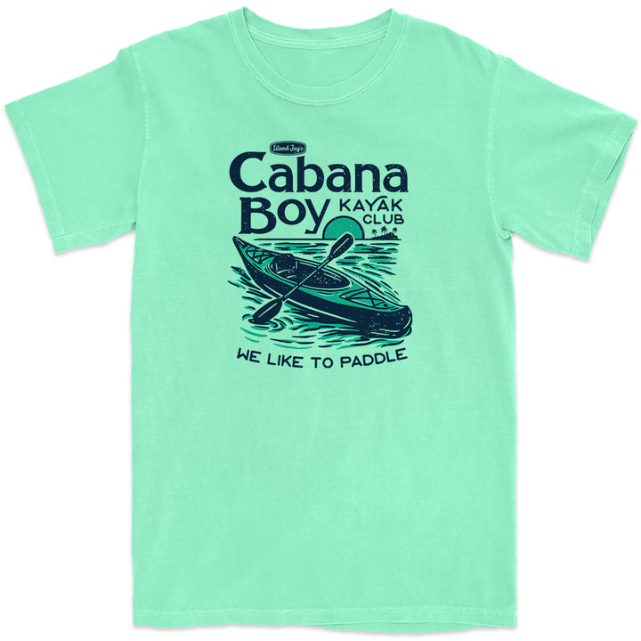 Cabana Boy Kayak Club T-Shirt, Featuring an image of a Kayak with the slogan We Like To Paddle. Island Reef Green